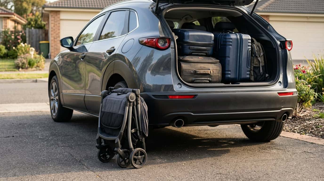 Carrito de bebé plegado junto al maletero antes de un viaje