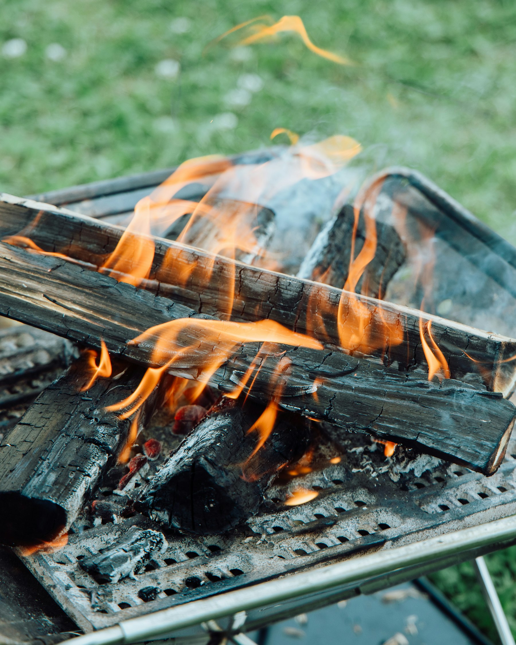 Leña ardiendo en una parrilla