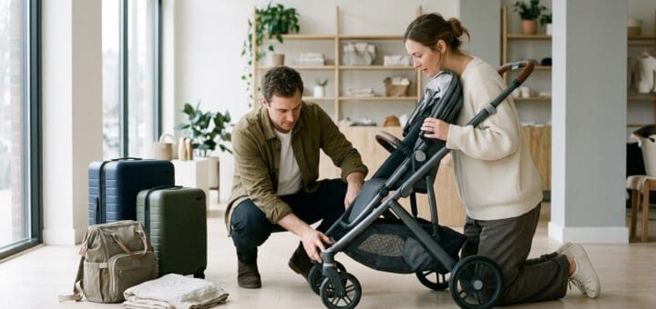 Familia paseando con un carrito de bebé durante una escapada urbana