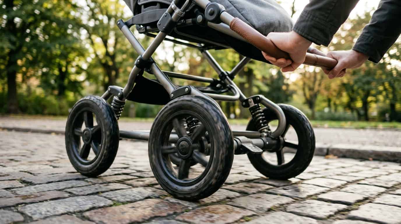 Ruedas y suspensión de un carrito de bebé sobre adoquines